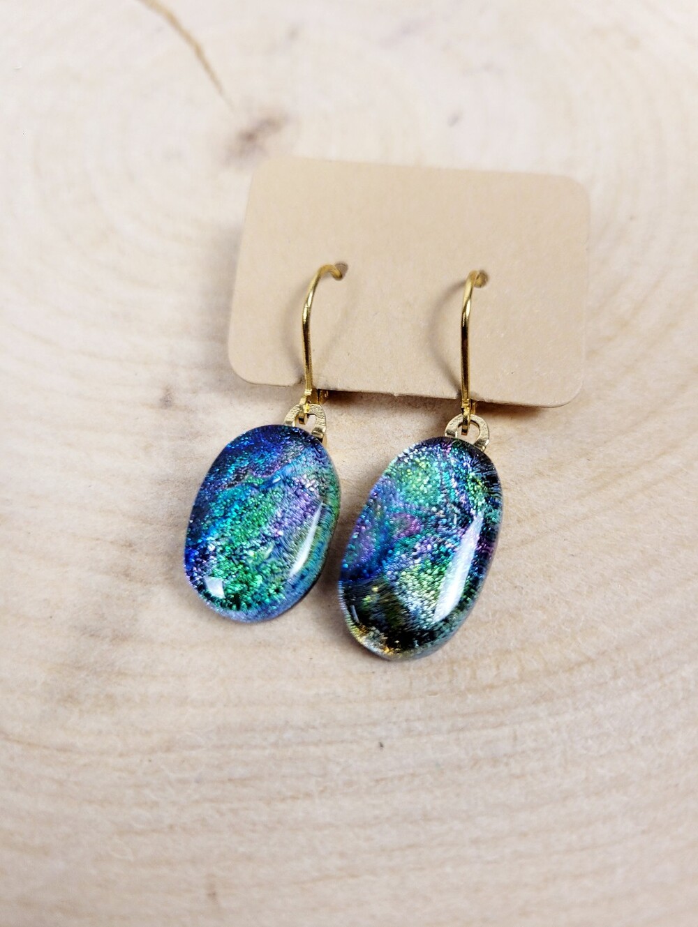 Brand New Gold Tone Blue & Green Stone Dangle Earrings